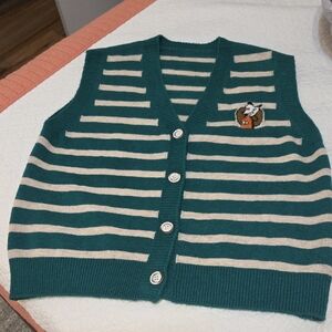 Green and Cream Striped Button-Up Knit Vest